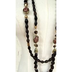 Chico’s Long Layered Wood Bead Statement Necklace Boho Artisan Tribal Chic